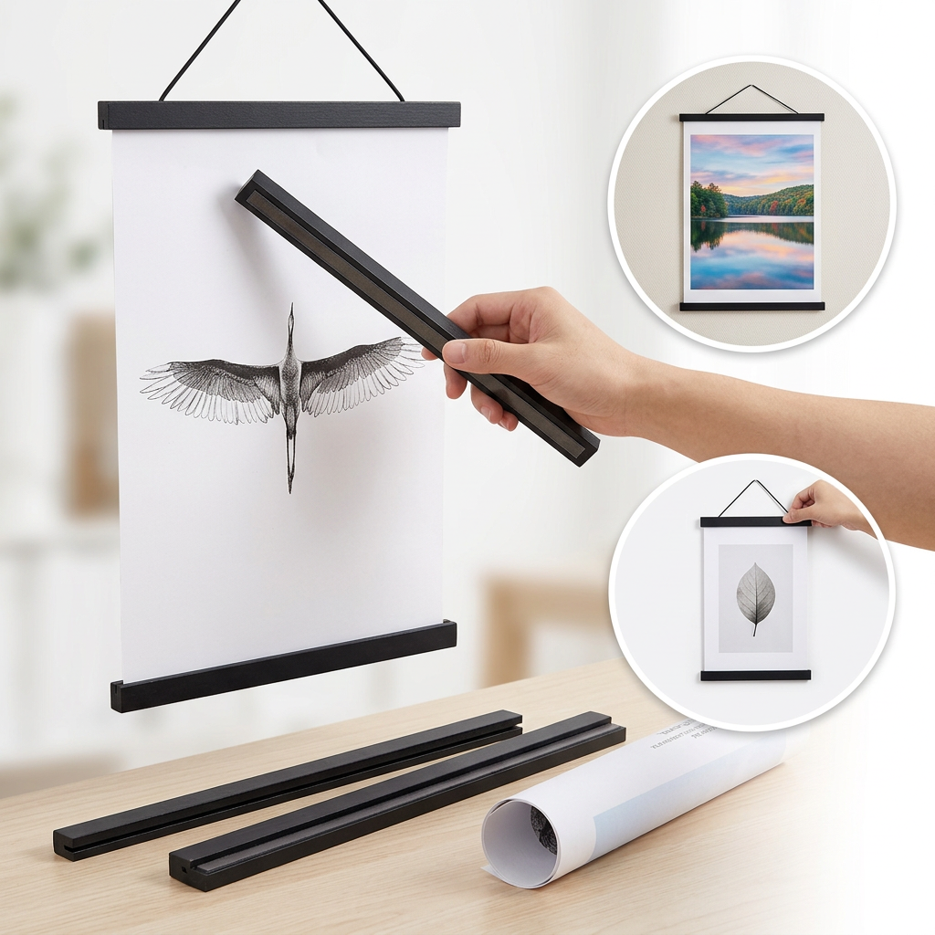 Suport Lemn cu Magnet pentru Postere și Tablouri – Ramă Magnetică Elegantă pentru Agățare (21x30 cm) Negru