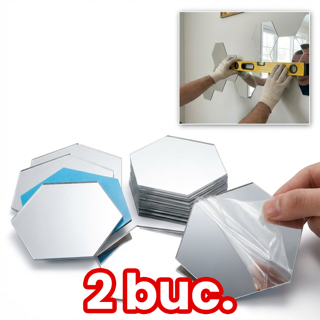 Set 12 Stickere Oglinzi Hexagonale cu Adeziv – Transformă Instant Orice Perete