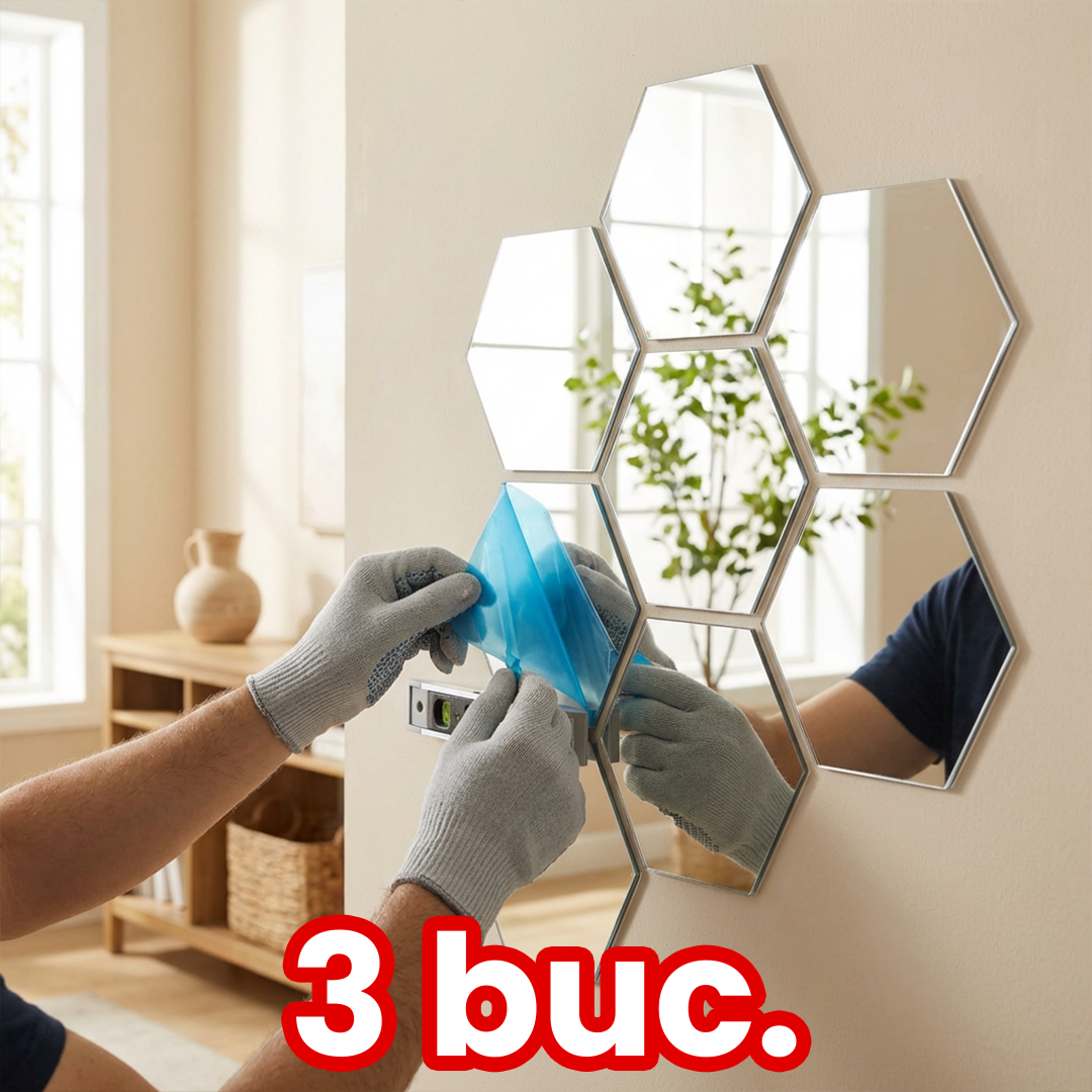 Set 12 Stickere Oglinzi Hexagonale cu Adeziv – Transformă Instant Orice Perete