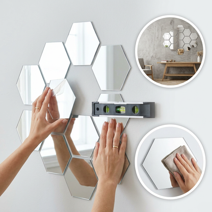 Set 12 Stickere Oglinzi Hexagonale cu Adeziv – Transformă Instant Orice Perete